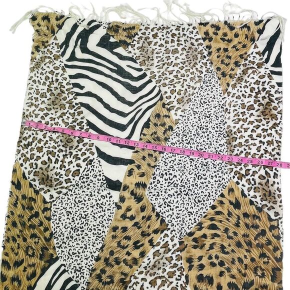 Pashmina White/Tan/Black Leopard Patchwork Fringe Scarf - Picture 10 of 11